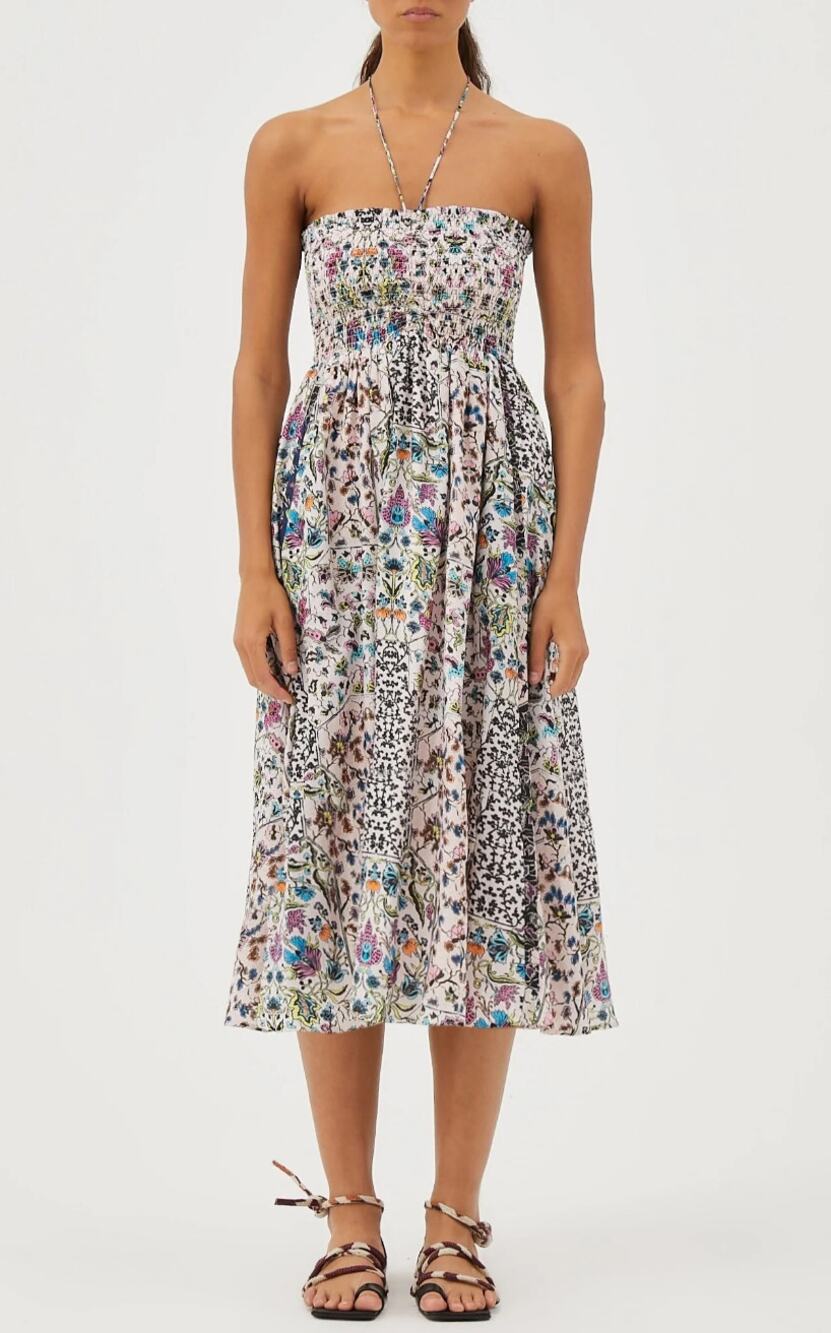 Maria Cher Halter Midi Dress in Silver & Blue Floral Print Smocked Size Small